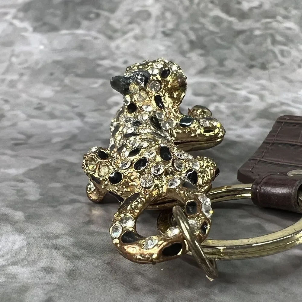 VTG Panther Leopard Keychain Clasp Gold Tone Crystal Rhinestones Enamel